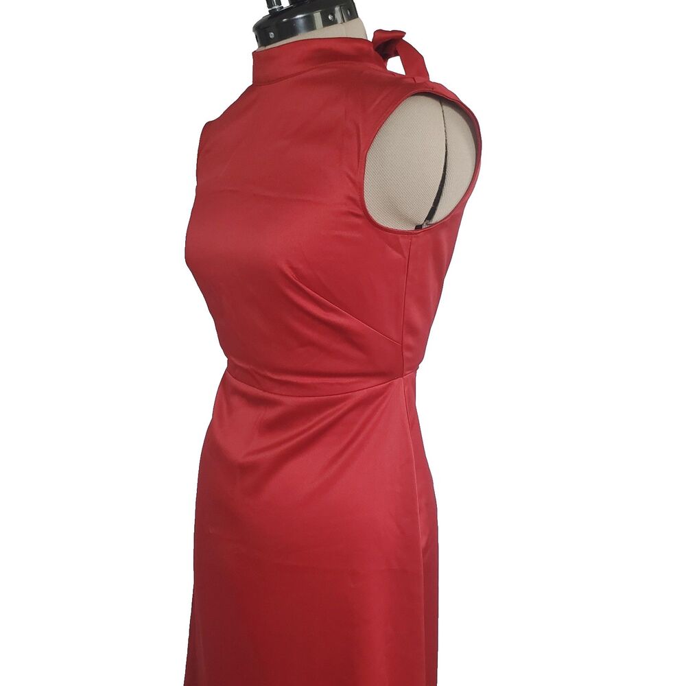 Ann Taylor Women’s Dress 0P Red Satin Midi Sheath Mock Neck Sleeveless - Picture 3 of 8
